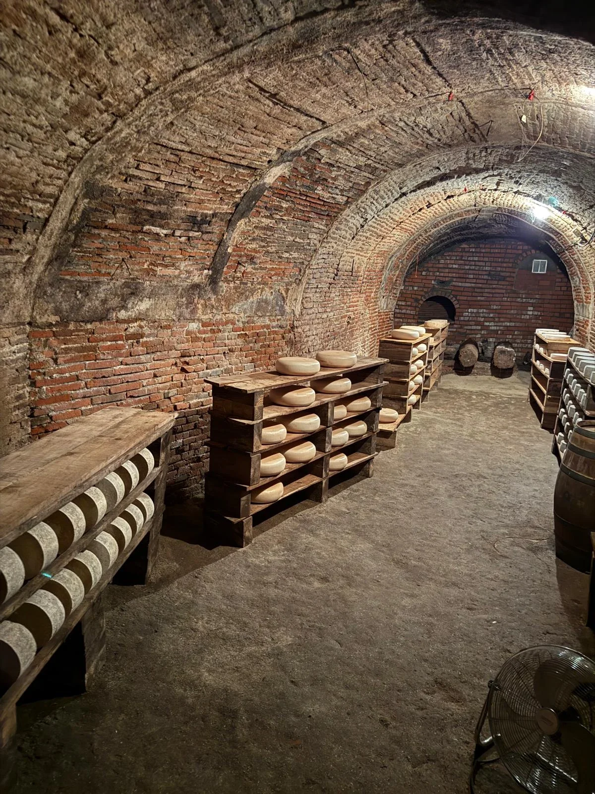 Bodega subterránea con quesos sobre tablas de madera